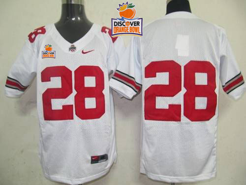 Buckeyes #28 White 2014 Discover Orange Bowl Patch Stitched NCAA Jersey