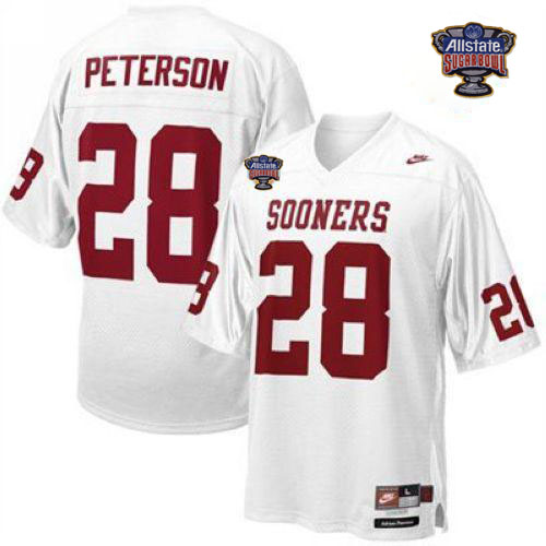 Sooners #28 Adrian Peterson White 2014 Sugar Bowl Patch Stitched NCAA Jersey