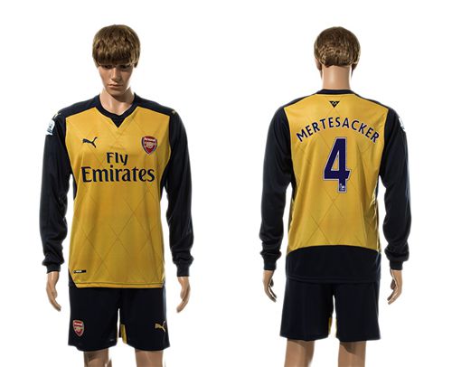 Arsenal #4 Mertesacker Gold Long Sleeves Soccer Club Jersey