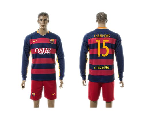 Barcelona #15 Champions Home Long Sleeves Soccer Club Jersey