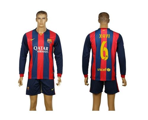 Barcelona #6 Xavi Home Long Sleeves Soccer Club Jersey