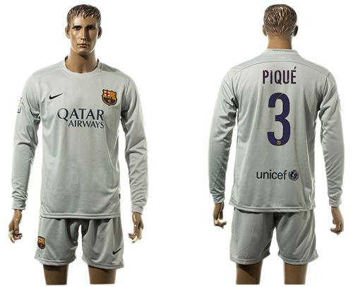 Barcelona #3 Pique Grey Long Sleeves Soccer Club Jersey