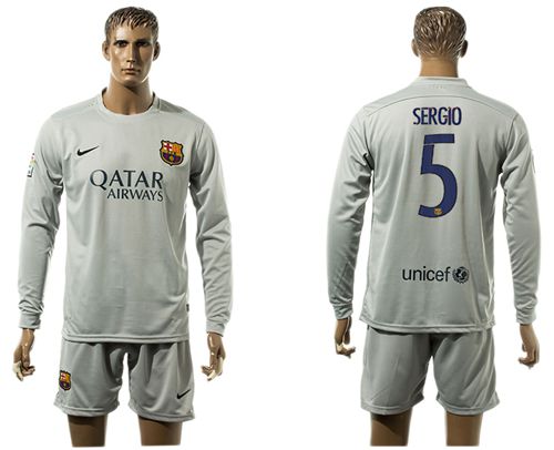 Barcelona #5 Sergio Grey Long Sleeves Soccer Club Jersey