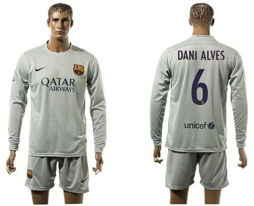 Barcelona #6 Dani Alves Grey Long Sleeves Soccer Club Jersey