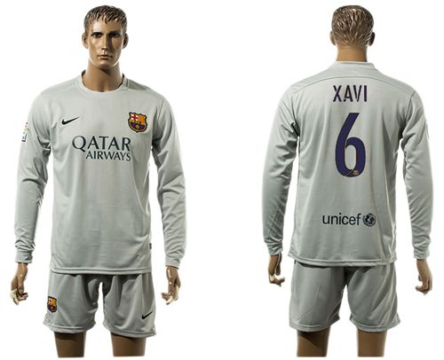 Barcelona #6 Xavi Grey Long Sleeves Soccer Club Jersey