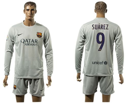 Barcelona #9 Suarez Grey Long Sleeves Soccer Club Jersey