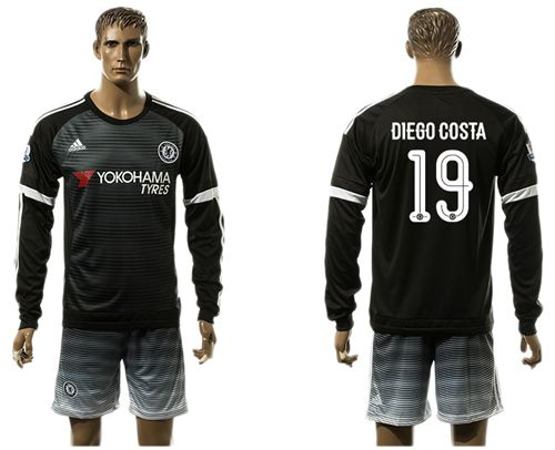Chelsea #19 Diego Costa UEFA Champions Black Long Sleeves Soccer Club Jersey