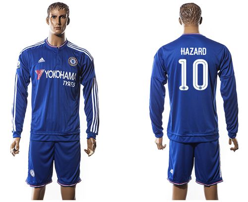 Chelsea #10 Hazard UEFA Champions Blue Long Sleeves Soccer Club Jersey