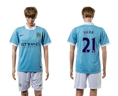 Manchester City #21 Silva Home With White Shorts Soccer Club Jersey