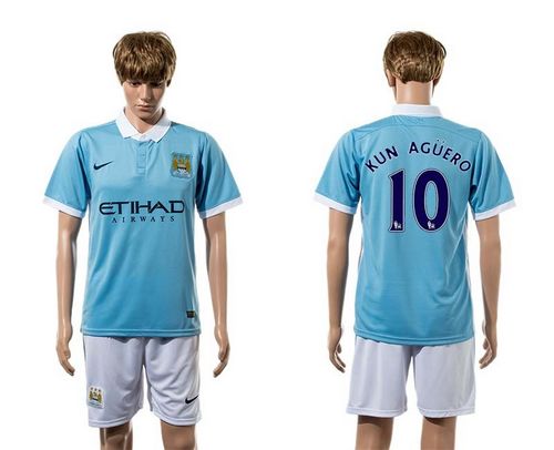 Manchester City #10 Kun Aguero Home With White Shorts Soccer Club Jersey