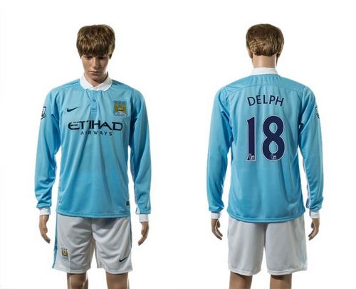 Manchester City #18 Delph Home Long Sleeves Soccer Club Jersey