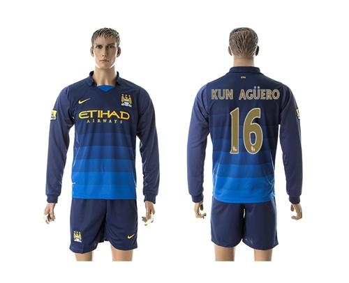 Manchester City #16 Kun Aguero Tevez Away Long Sleeves Soccer Club Jersey