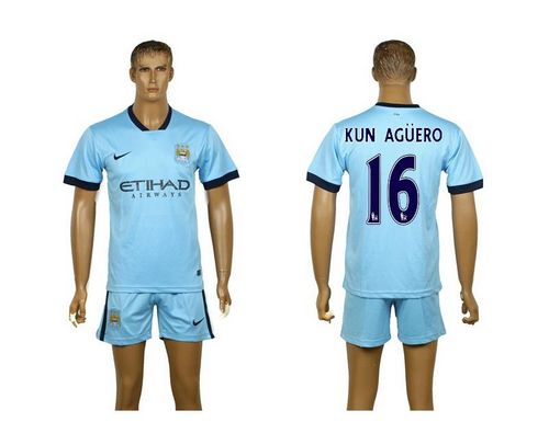 Manchester City #16 Kun Aguero Blue Home Soccer Club Jersey