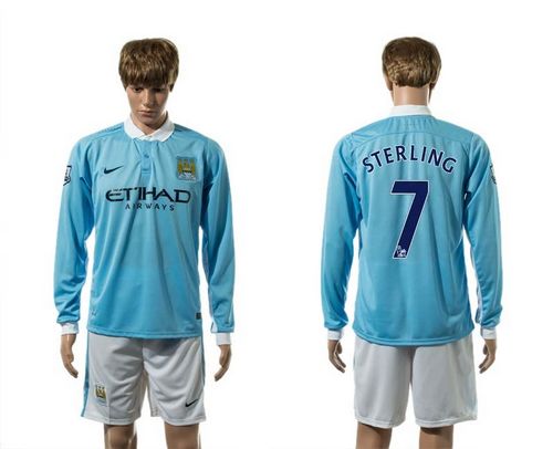 Manchester City #7 Sterling Home Long Sleeves Soccer Club Jersey