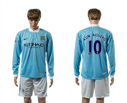 Manchester City #10 Kun Aguero Home Long Sleeves Soccer Club Jersey