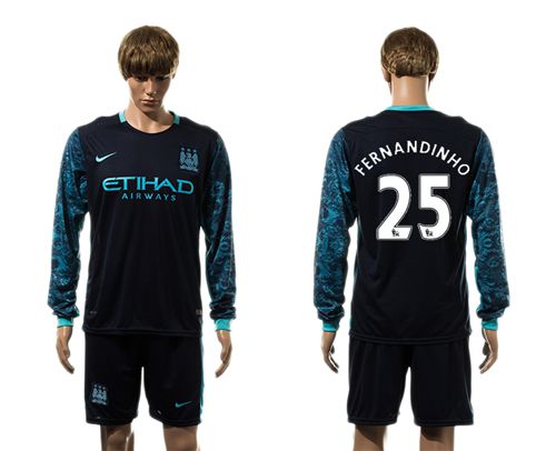 Manchester City #25 Fernandinho Away Long Sleeves Soccer Club Jersey