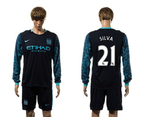 Manchester City #21 Silva Away Long Sleeves Soccer Club Jersey