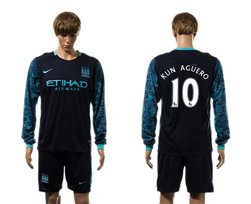 Manchester City #10 Kun Aguero Away Long Sleeves Soccer Club Jersey