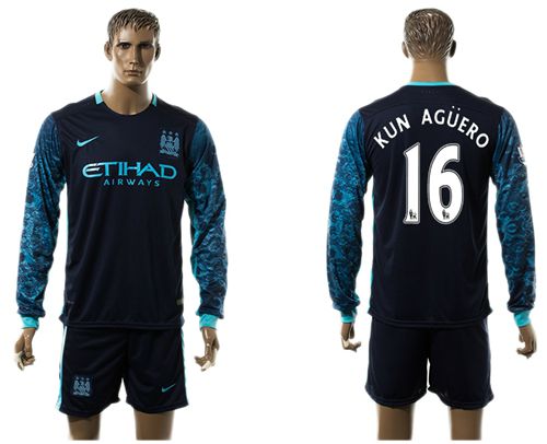 Manchester City #16 Kun Aguero Away Long Sleeves Soccer Club Jersey