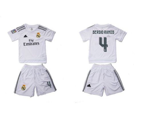 Real Madrid #4 Sergio Ramos White Home Kid Soccer Club Jersey