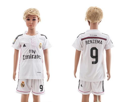 Real Madrid #9 Benzema White Home Kid Soccer Club Jersey