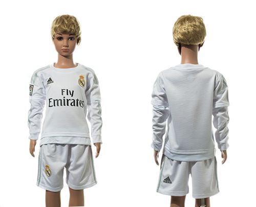 Real Madrid Blank White Home Long Sleeves Kid Soccer Club Jersey