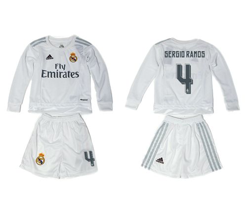 Real Madrid #4 Sergio Ramos White Home Long Sleeves Kid Soccer Club Jersey