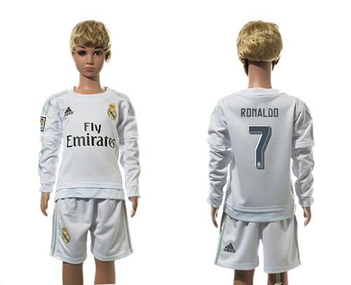 Real Madrid #7 Ronaldo White Home Long Sleeves Kid Soccer Club Jersey