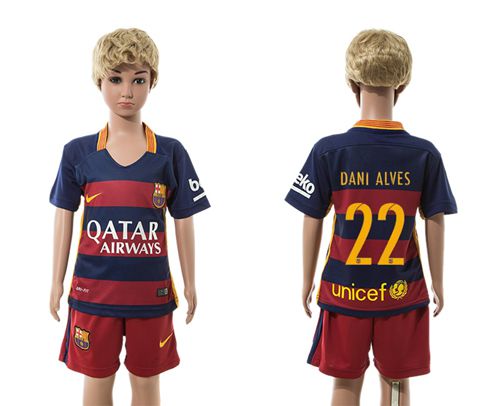 Barcelona #22 Dani Alves Home(Red Shorts) Kid Soccer Club Jersey