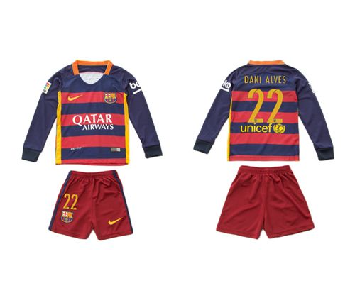 Barcelona #22 Dani Alves Home Long Sleeves Kid Soccer Club Jersey