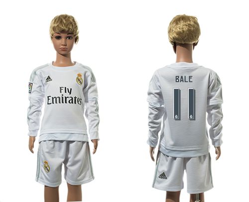 Real Madrid #11 Bale White Home Long Sleeves Kid Soccer Club Jersey