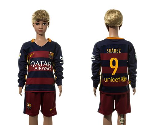 Barcelona #9 Suarez Home Long Sleeves Kid Soccer Club Jersey