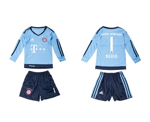 Bayern Munchen #1 Neuer Light Blue Long Sleeves Kid Soccer Club Jersey