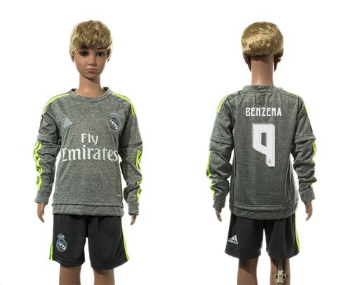 Real Madrid #9 Benzema Grey Long Sleeves Kid Soccer Club Jersey