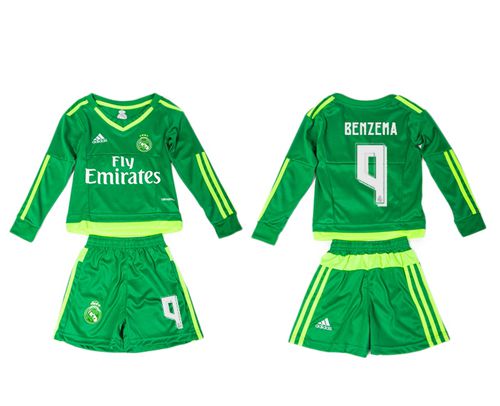 Real Madrid #9 Benzema Green Long Sleeves Kid Soccer Club Jersey