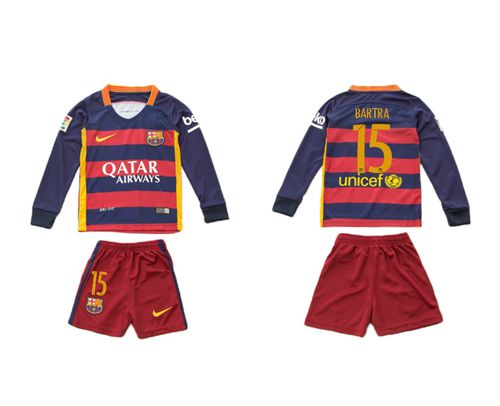 Barcelona #15 Bartra Home Long Sleeves Kid Soccer Club Jersey