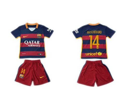Barcelona #14 Mascherano Home(Red Shorts) Kid Soccer Club Jersey