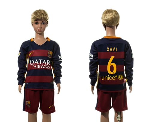 Barcelona #6 Xavi Home Long Sleeves Kid Soccer Club Jersey