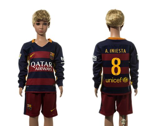 Barcelona #8 A.Iniesta Home Long Sleeves Kid Soccer Club Jersey
