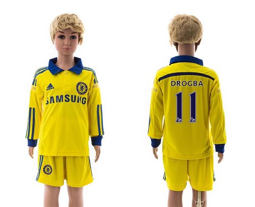 Chelsea #11 Drogba Yellow Away Long Sleeves Kid Soccer Club Jersey