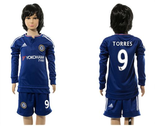 Chelsea #9 Torres Blue Home Long Sleeves Kid Soccer Club Jersey