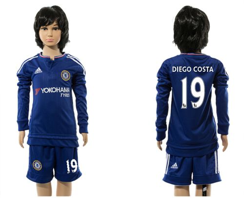 Chelsea #19 Diego Costa Blue Home Long Sleeves Kid Soccer Club Jersey