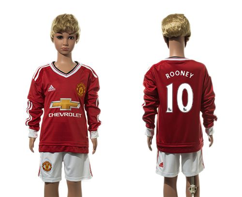 Manchester United #10 Rooney Home Long Sleeves Kid Soccer Club Jersey