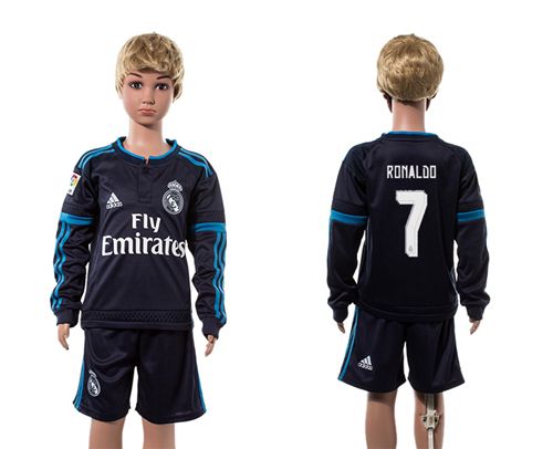 Real Madrid #7 Ronaldo Navy Blue Long Sleeves Kid Soccer Club Jersey