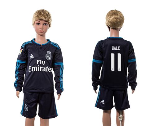 Real Madrid #11 Bale Navy Blue Long Sleeves Kid Soccer Club Jersey