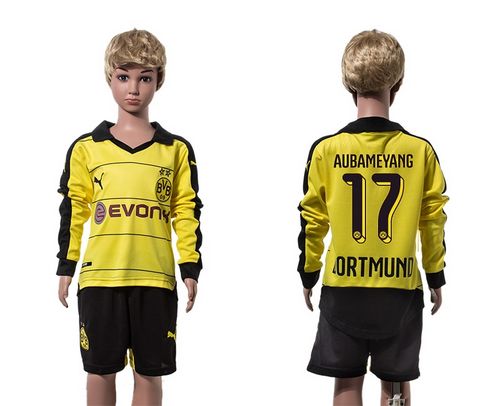 Dortmund #17 Aubameyang Home Long Sleeves Kid Soccer Club Jersey