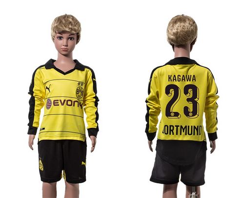 Dortmund #23 Kagawa Home Long Sleeves Kid Soccer Club Jersey
