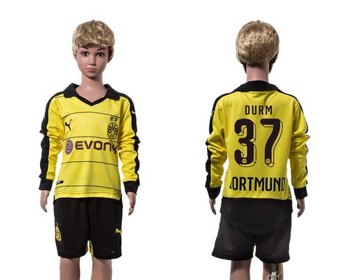 Dortmund #37 Durm Home Long Sleeves Kid Soccer Club Jersey