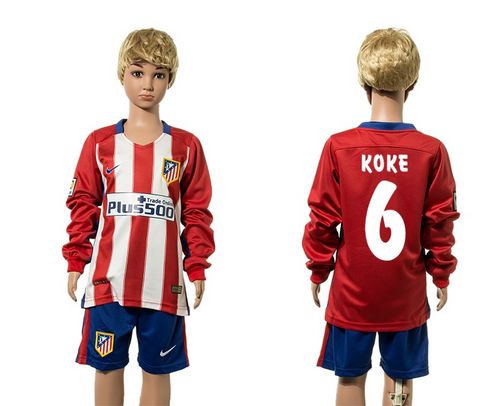 Atletico Madrid #6 Koke Home Long Sleeves Kid Soccer Club Jersey