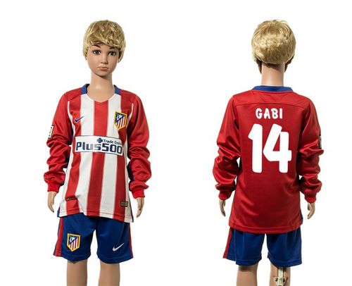 Atletico Madrid #14 Gabi Home Long Sleeves Kid Soccer Club Jersey